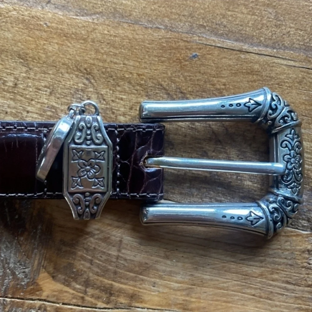 Brighton Silver Heart Charm Brown Leather Belt B7108 Croc Emboss Sz M/30 Basic